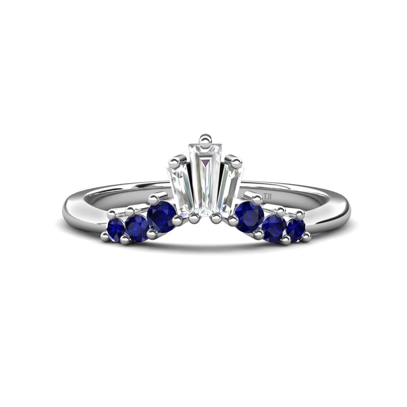 Ahwa 0.40 ctw Tapered Baguette Lab Grown Diamonds Accented Round Blue Sapphire Curved Wedding Band 