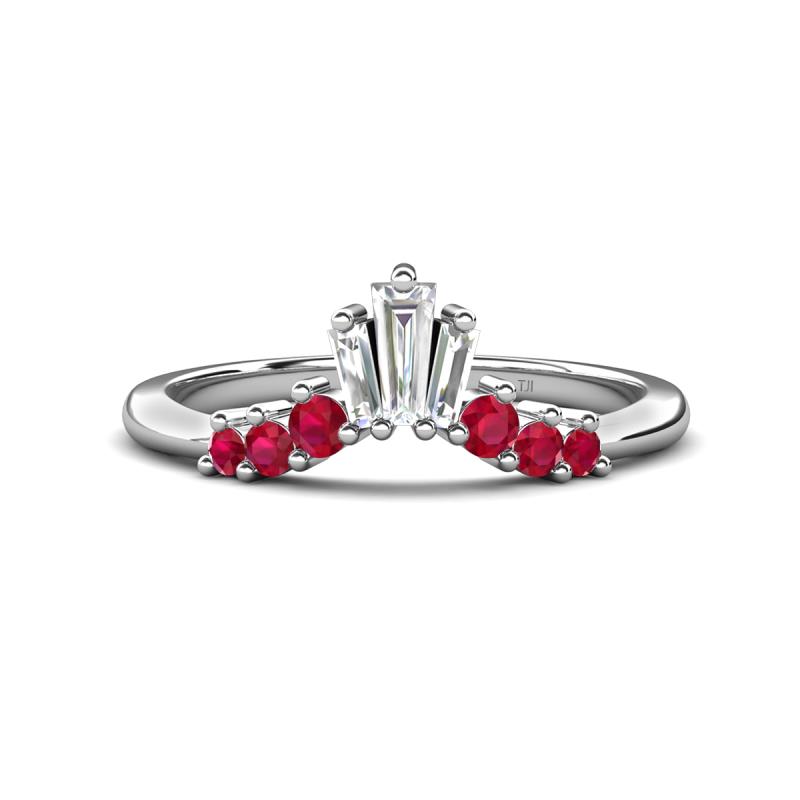 Ahwa 0.40 ctw Tapered Baguette Lab Grown Diamonds Accented Round Ruby Curved Wedding Band 