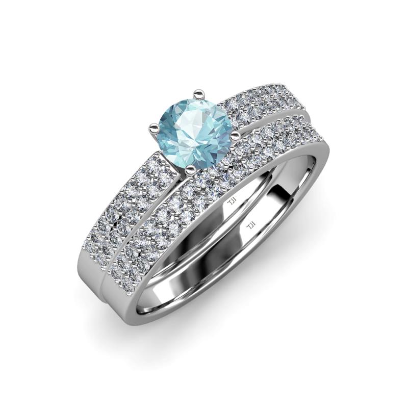 Aurum 1.57 ctw Aquamarine Accented Natural Diamonds Double Row Bridal Set Ring  