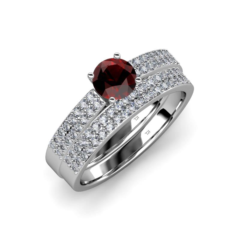 Aurum 1.75 ctw Red Garnet Accented Natural Diamonds Double Row Bridal Set Ring  