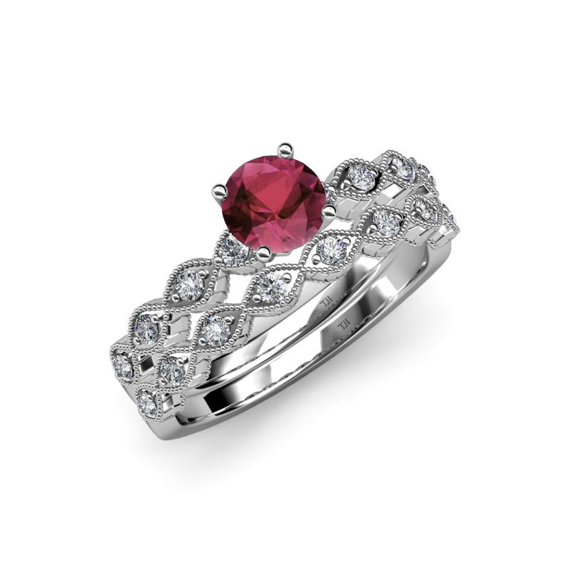 Laine 1.16 ctw Classic Rhodolite Garnet (6.50 mm) Accented Round Natural Diamonds Marquise Shape Bridal Set Ring  