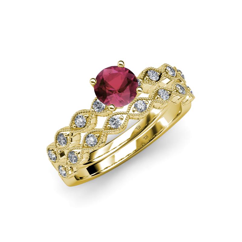 Laine 1.16 ctw Classic Rhodolite Garnet (6.50 mm) Accented Round Natural Diamonds Marquise Shape Bridal Set Ring  