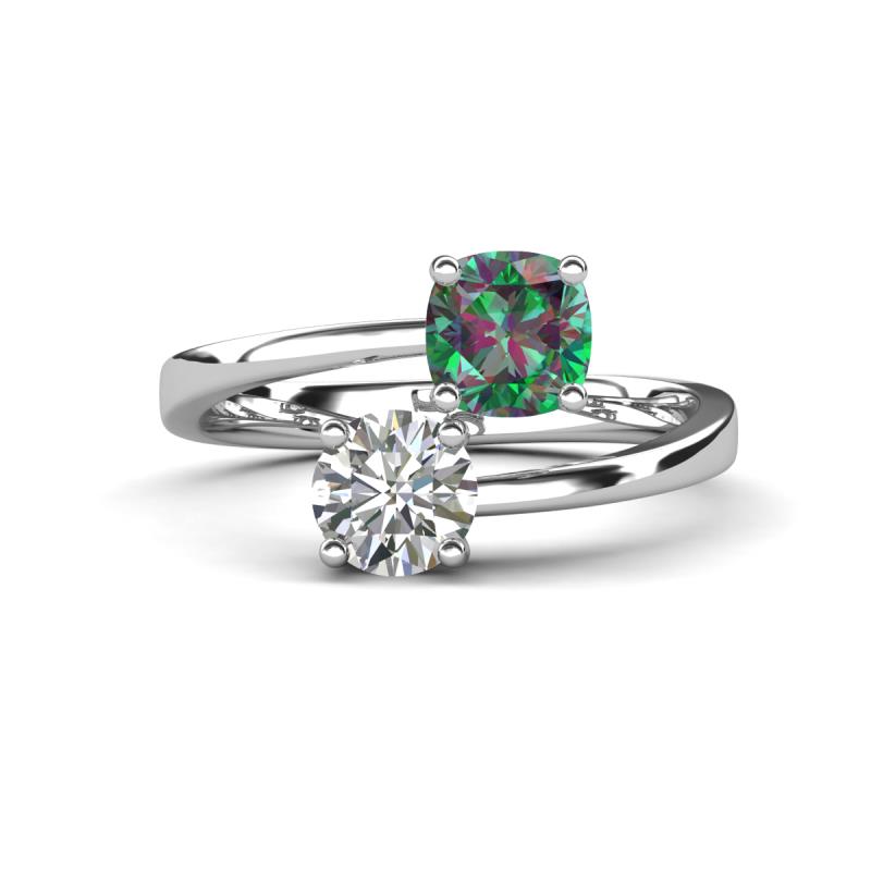 Jianna 6.00 mm Cushion Lab Created Alexandrite and IGI Certified Round Lab Grown Diamond 2 Stone Promise Ring 