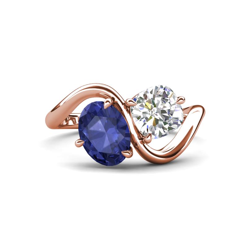 Velona 2.35 ctw Oval Shape Iolite (8 x 6 mm) and IGI Certified Cushion Shape Lab Grown Diamond (6 mm) Women Toi Et Moi Wave Engagement Ring 