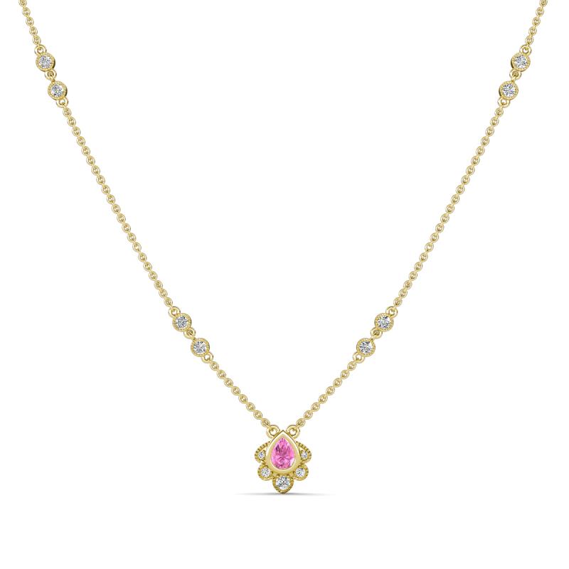 Avira Fine Unseen Pear Shape Pink Sapphire accented Round Natural Diamond Floral Necklace 