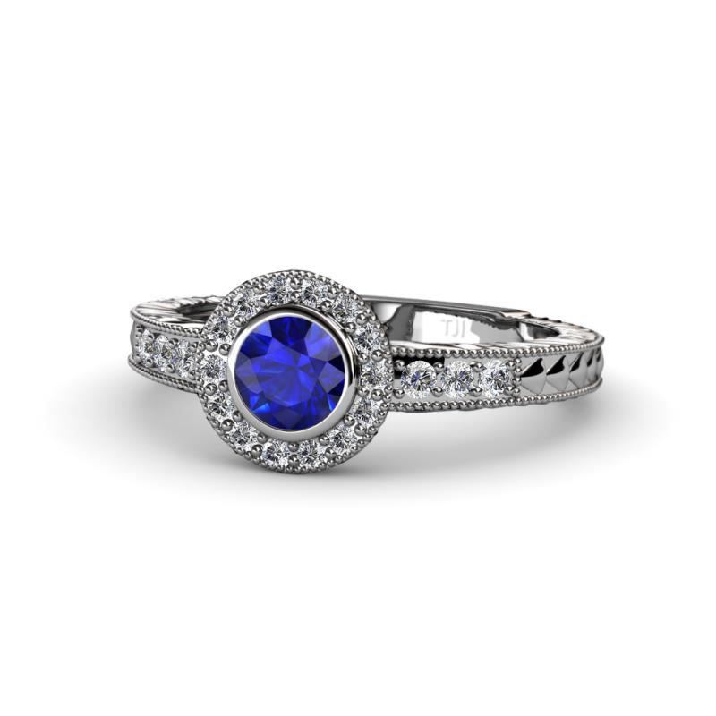 Meir Blue Sapphire and Diamond Halo Engagement Ring 