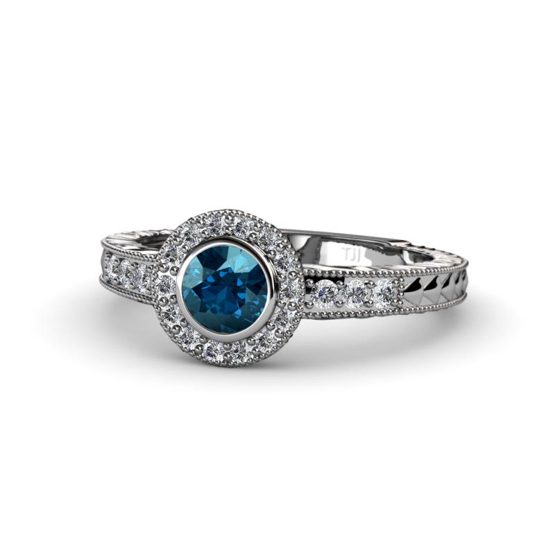 Meir Blue and White Diamond Halo Engagement Ring 