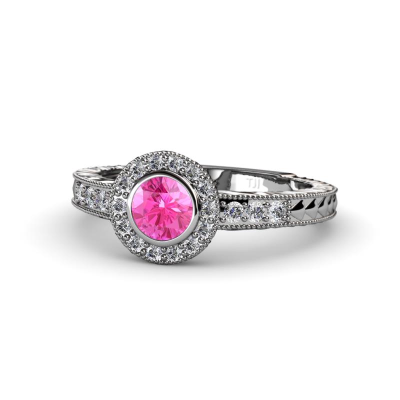 Meir Lab Created Pink Sapphire and Diamond Halo Engagement Ring 