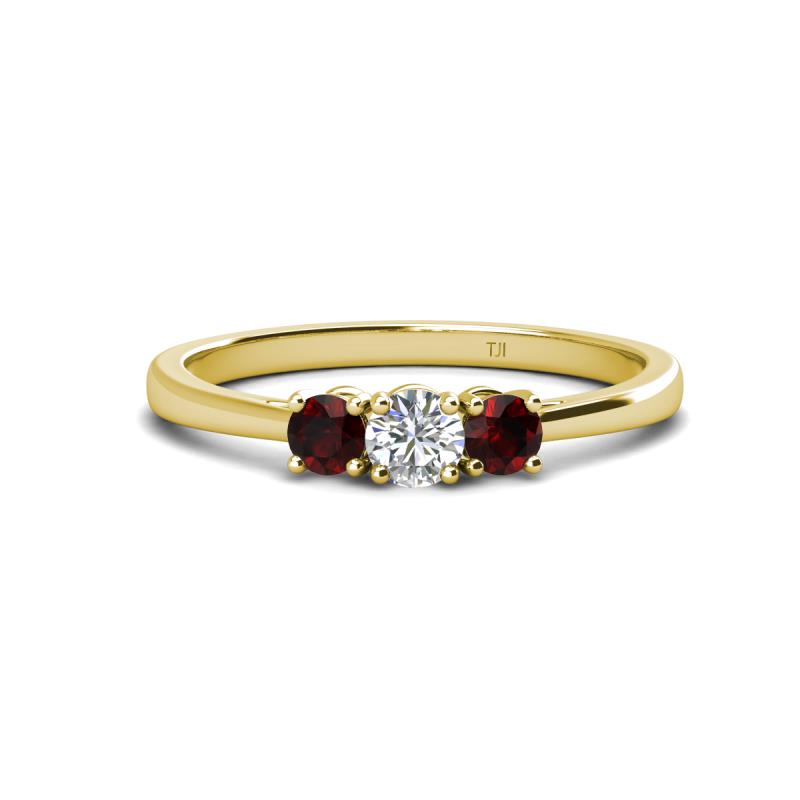 Quyen 0.57 ctw (4.00 mm) Round Natural Diamond and Red Garnet Three Stone Engagement Ring  