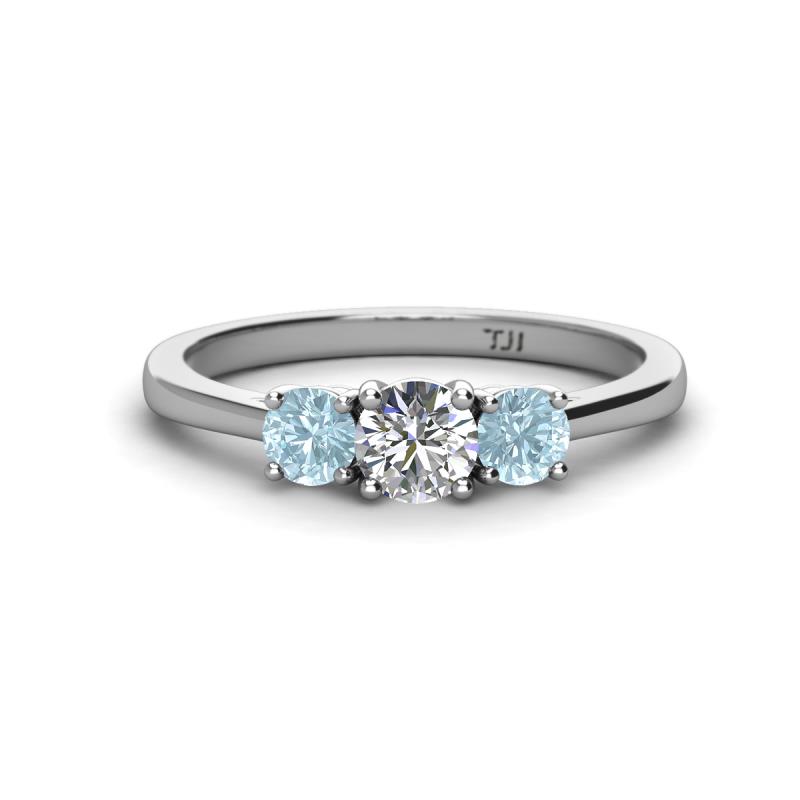 Quyen 0.90 ctw (5.00 mm) Round Natural Diamond and Aquamarine Three Stone Engagement Ring  