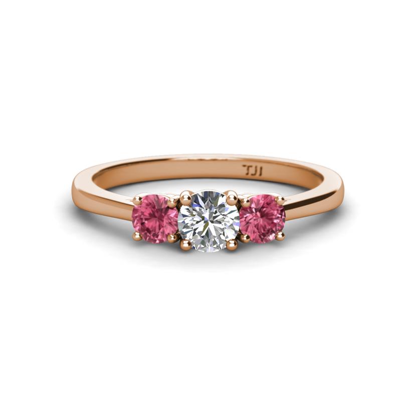 Quyen 0.90 ctw (5.00 mm) Round Natural Diamond and Pink Tourmaline Three Stone Engagement Ring  
