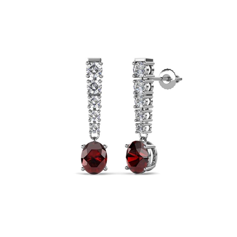 Zera Oval Shape 6x4 mm Red Garnet and Diamond Journey Dangling Earrings 